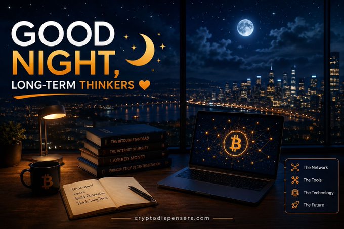 The image features a laptop computer sitting on top of a desk at night, with a stack of books next to it. The background shows a city skyline under a full moon, creating an atmosphere of quiet contemplation or study time. The caption reads "Good night, long-term thinkers", suggesting that the scene is set during nighttime and focused on the idea of spending quality time alone for deep thought and learning.