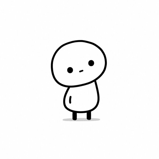 A simple black-and-white cartoon illustration of a small, round character with a slightly tilted head and a subtle, neutral expression.