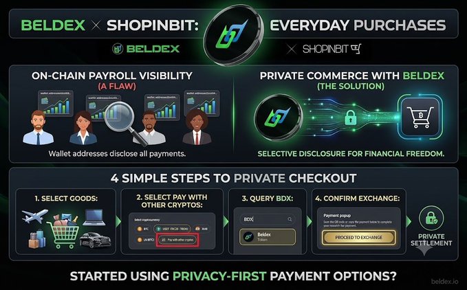 Infographic for BELDEX x SHOPNIBIT showing how to make private everyday purchases on-chain, with 4 simple steps: Select Goods, Select Pay with Other Cryptos, Query BDX, and Confirm Exchange.