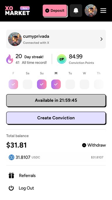 In the image, a person's cell phone screen displays various information from an XOMARKET trading app called "XOMARKET Pulse Market". The screen shows multiple notifications about a total balance of $31.81 and a total conversion record of $31.78. The individual appears to be using this app for trading with cryptocurrency platforms like Ripple, which suggests that they might be a cryptocurrency trader. The post in the image emphasizes how much money has been made from trading within the market, which is another indication that the person is likely active and engaged in the crypto trading world.