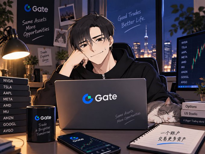 An anime-style illustration shows a young man at a desk with a laptop displaying the 'Gate' exchange logo, surrounded by stock tickers (NVDA, TSLA, AAPL, META, AMD, MU, AMZN, GOOGL, AVGO) and a sleeping cat.