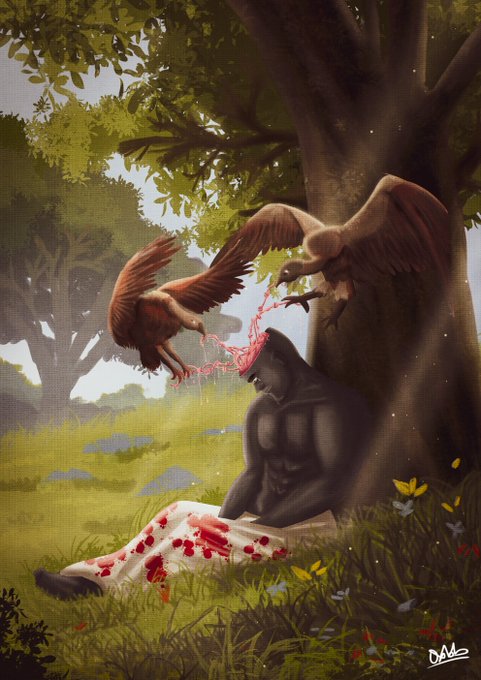 A digital artwork signed by the artist shows a black gorilla-like figure sitting at the base of a tree while two large birds attack it from above with red energy effects.