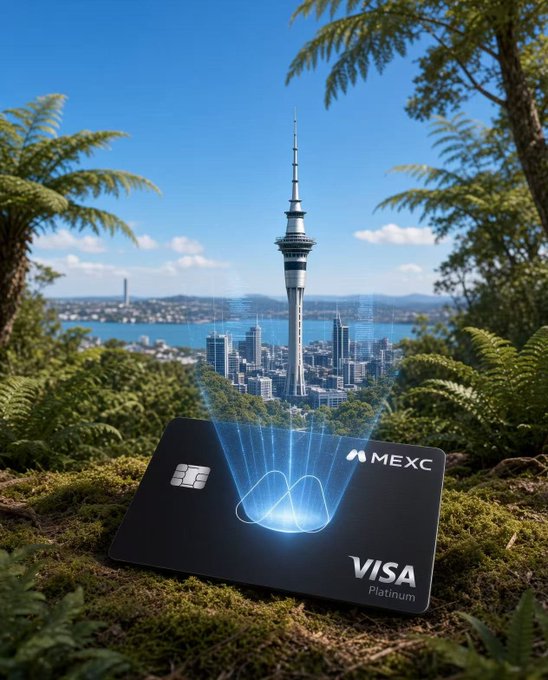 A black MEXC Visa Platinum credit card sits on mossy ground, projecting a holographic Sky Tower and Auckland cityscape, framed by lush fern trees.