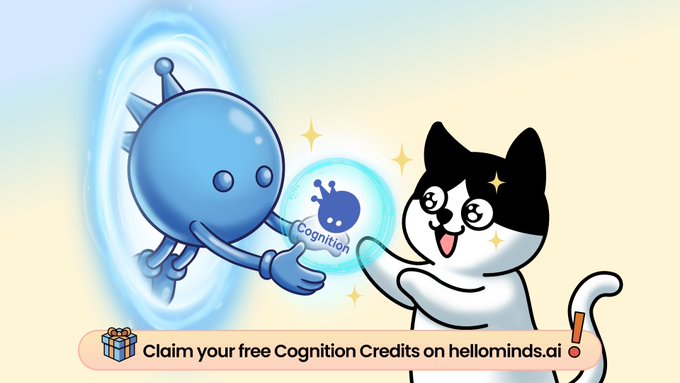 The image features a cartoon cat and a robot character, both holding up a blue ball with a smiley face on it. The text at the bottom of the image reads "claim your free Cognition Credits on hellominds.ai". This suggests that the image is promoting a campaign or initiative related to cognitive credits for users who engage in certain activities or interact with specific characters, such as the cat and robot depicted in the image.