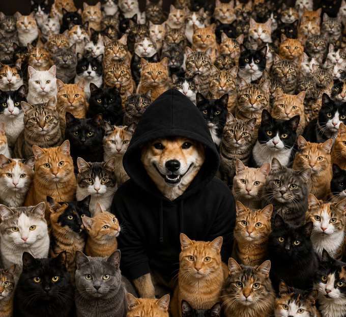 A dog wearing a black hooded sweatshirt is surrounded by a large crowd of cats of various colors and breeds looking toward the camera.
