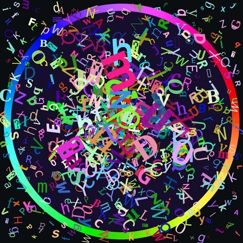 A vibrant digital artwork featuring a circular rainbow ring surrounded by a chaotic explosion of multicolored letters and characters on a dark background.