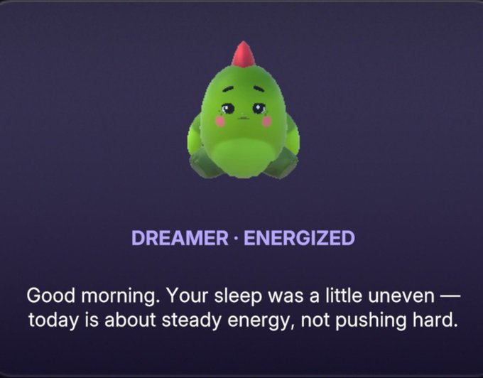 A mobile app screen showing a cute green character labeled 'DREAMER · ENERGIZED' with the message 'Good morning. Your sleep was a little uneven — today is about steady energy, not pushing hard.'