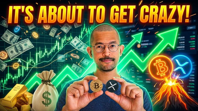A man holds Bitcoin and XRP coins in front of a vibrant crypto-themed background featuring "IT'S ABOUT TO GET CRAZY!" text, green rising arrows, money bags, gold bars, an erupting volcano, and various coins, visually emphasizing the post's alert about an unusual market event that could trigger a massive altcoin season driven by Ethereum.