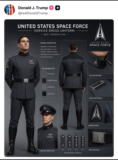 A post from Donald J. Trump (@realDonaldTrump) featuring a detailed showcase of the United States Space Force Service Dress Uniform, including the color palette (Space Gray, Midnight Black, Silver Gray, Satin Black) and rank insignia.