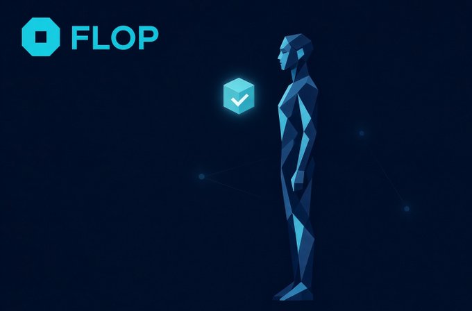 A dark blue graphic featuring a low-poly human figure next to a glowing checkmarked cube and the text 'FLOP'.