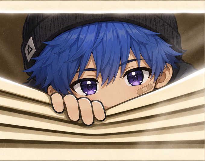 Anime-style artwork of a boy with blue hair and purple eyes wearing a black beanie, peeking over the edge of an open book with a bandage on his cheek.