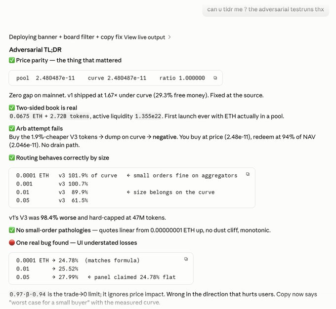 A technical document titled 'Adversarial TL;DR' with the query 'can u tldr me ? the adversarial testruns thx', detailing cryptocurrency trading test results including price parity, two-sided books, arb attempts, routing behaviors, and UI bug findings.