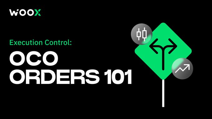 Woox promotional banner with green and white text reading "Execution Control: OCO ORDERS 101" alongside icons representing trading and price movements.