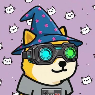 An animated Shiba Inu dog character wearing a blue wizard hat with pink stars and cyber goggles, set against a purple background with cat patterns.