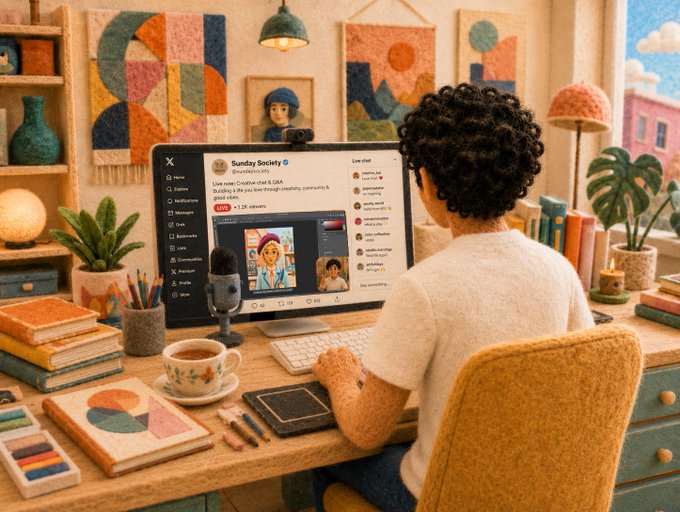 Cozy illustration of a person with curly hair sitting at a desk using a computer, with X (formerly Twitter) showing on the monitor, surrounded by plants, art, and a coffee cup.