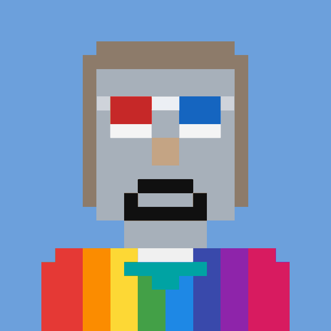 A pixel art illustration of a gray, bearded character with heterochromia (one red eye, one blue eye) wearing a brightly colored rainbow striped shirt against a blue background.
