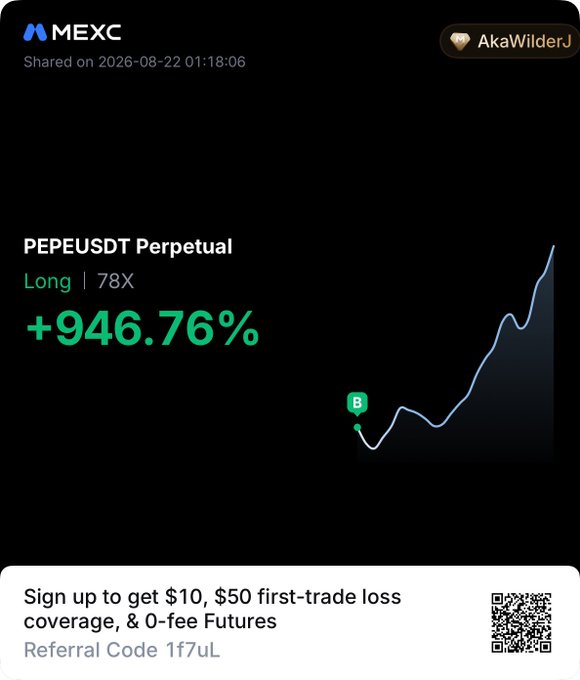 A MEXC trading screenshot showing a PEPEUSDT Perpetual long position at 78X leverage with a +946.76% gain, shared on 2026-08-22 with referral code 1f7uL.