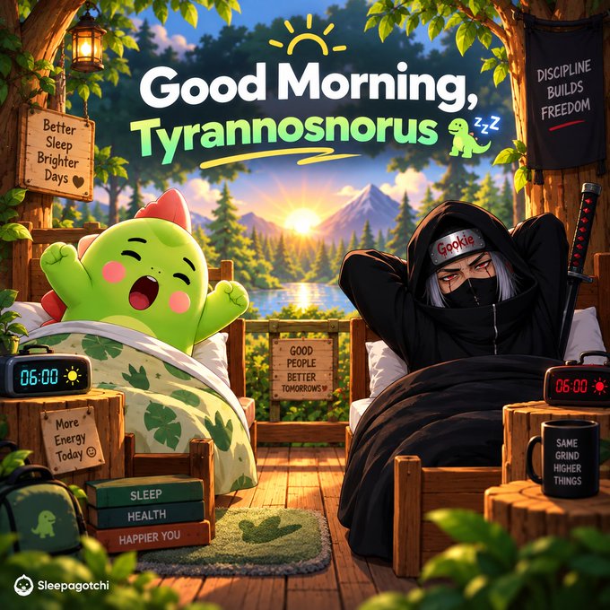 A colorful digital illustration shows a green dinosaur and a ninja character in bed, with "Good Morning, Tyrannosaurus" and "Sleepagotchi" text.