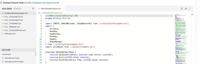 The image shows a Solidity code editor interface displaying the open-source contract `BlockBrokerEngine.sol`, which imports Uniswap V3, Chainlink PricePath, and a custom TickMath library, while defining an `IBlockBrokerToken` interface with `balanceOf`, `burn`, and `burnFromAddress` functions.