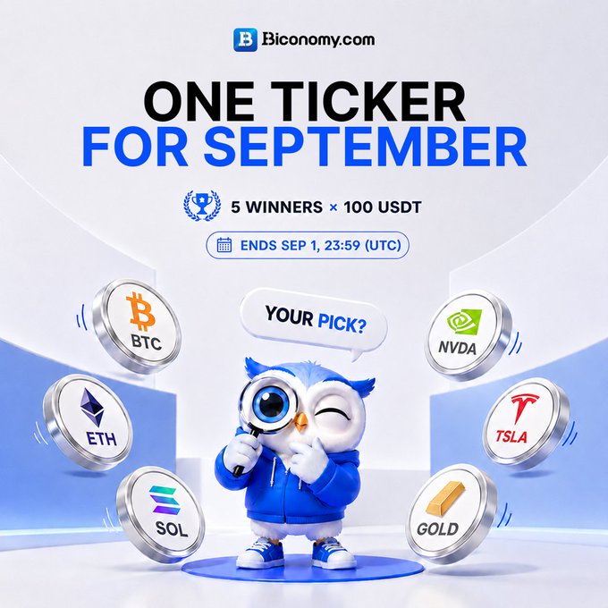 A promotional graphic from Biconomy.com advertises 'ONE TICKER FOR SEPTEMBER' with '5 WINNERS x 100 USDT', ending 'SEP 1, 23:59 (UTC)', featuring a 3D owl mascot and tickers including BTC, ETH, SOL, NVDA, TSLA, and GOLD.