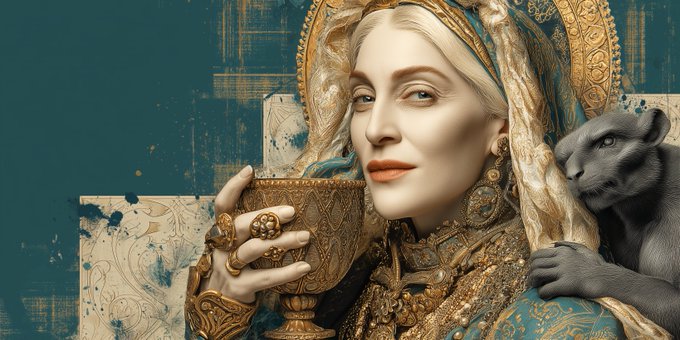 A digital illustration depicts a blonde woman with a golden halo holding an ornate golden goblet, accompanied by a black panther resting its paw on her shoulder.