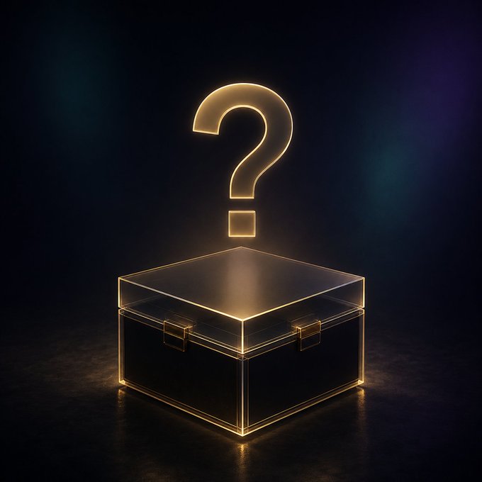 A 3D render of a glowing golden question mark hovering above a closed black box, set against a dark background.