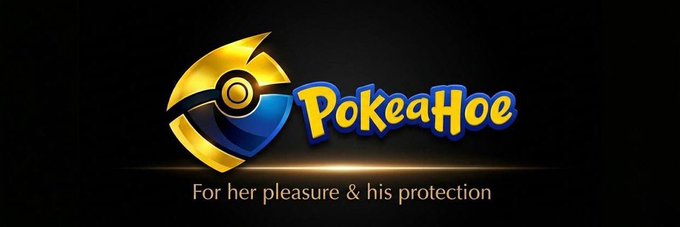 The image features a logo for a Pokemon game, which includes a gold Pokemon character with a blue shell and a yellow ball. The text "Pokeahoe" is displayed above the character, and below it, there are two lines of text that read "For her pleasure & protection". This suggests that the game is designed to provide both entertainment and a sense of security for its players.