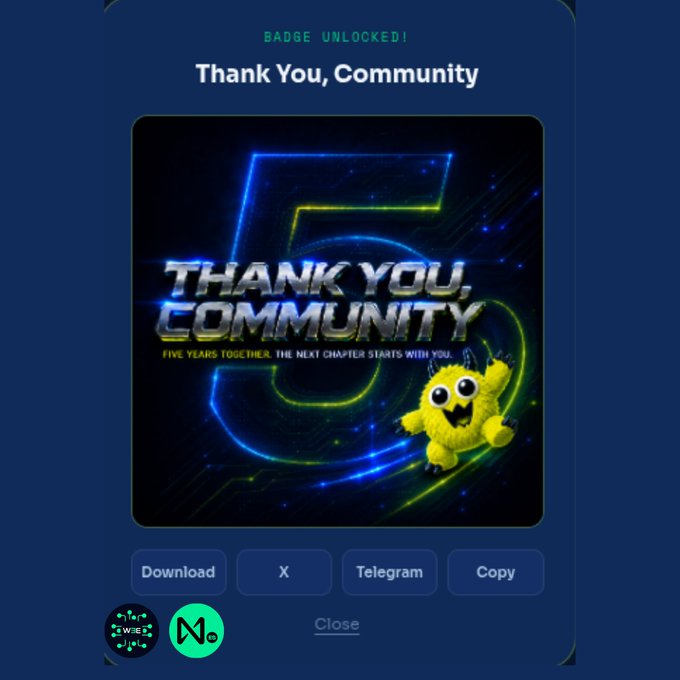A digital badge unlocked screen displays 'Thank You, Community' with a large neon '5' and the text 'Five years together. The next chapter starts with you,' alongside a yellow mascot character and share buttons.