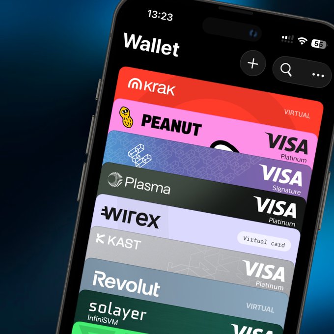 A smartphone displays a digital wallet app featuring multiple virtual Visa cards from various fintech providers including Krak, Peanut, Plasma, Wirex, Kast, Revolut, and Solayer. The image illustrates the post's message about fiat on-ramps, showing how modern financial apps have made adding funds as seamless as traditional banking.