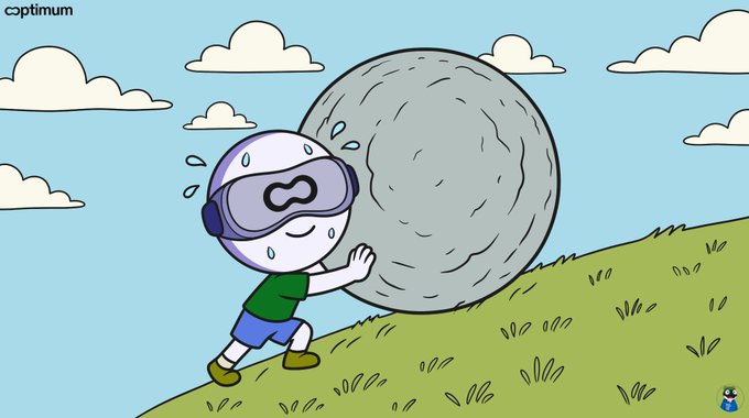 A cartoon character wearing a VR headset and infinity-symbol sunglasses struggles to push a large boulder up a grassy hill.