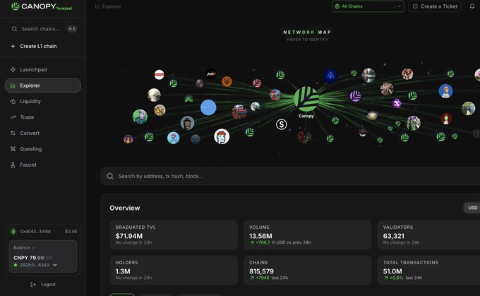 Screenshot of the Canopy Testnet Explorer dashboard showing a Network Map with various connected chains and Overview statistics including Graduated TVL ($71.94M), Volume ($13.56M), Validators (63,321), and Chains (815,579).