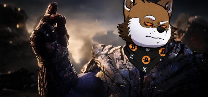 A fantasy character with cracked stone-textured armor standing in a dramatic, cloudy environment, edited to have an overlaid cartoonish dog-like face with a bandana.