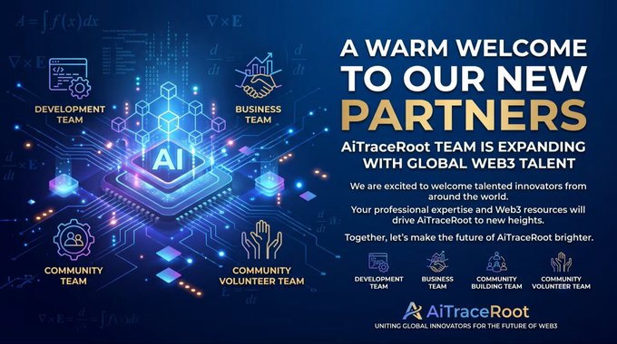 The image is a welcome announcement from AiTraceRoot, featuring a blue tech-style graphic with an "AI" chip illustration and icons representing four teams: Development Team, Business Team, Community Team, and Community Volunteer Team. The text reads "A WARM WELCOME TO OUR NEW PARTNERS - AiTraceRoot TEAM IS EXPANDING WITH GLOBAL WEB3 TALENT," inviting innovators worldwide to join the Web3 project.

**Relation to the post:** The post discusses watching the World Cup (including Cristiano Ronaldo's final appearance) while observing crypto market recovery, with BTC stabilizing around 63k and altcoins rotating. While the image is about AiTraceRoot's Web3 team expansion rather than football or BTC price action, both share a "new beginnings/turning point" theme—the post reflects on endings (Ronaldo's last World Cup) and market shifts, while the image announces a fresh chapter with new partners joining the Web3 space.