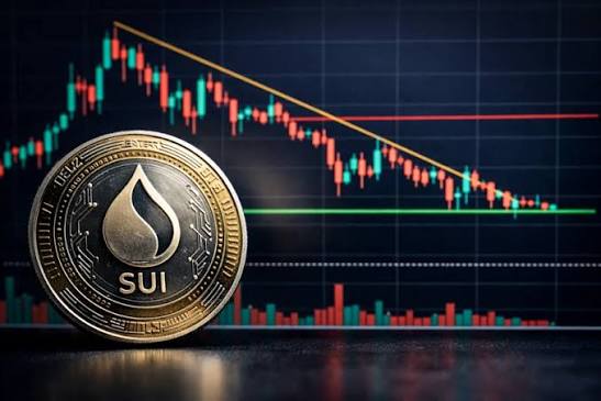 A SUI cryptocurrency coin displayed in front of a financial chart showing a descending triangle pattern with red and green candlesticks, suggesting a bearish market trend.