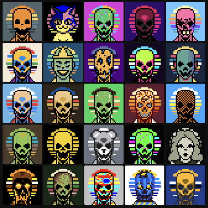 A grid of 25 pixel art character portraits featuring various masked or hooded figures in bright, varied color palettes.