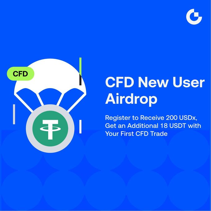 A blue promotional graphic for a 'CFD New User Airdrop' offering '200 USDx' upon registration and an 'additional 18 USDT' with a first CFD trade, featuring a parachute with a Tether logo.