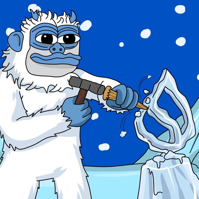 Cartoon illustration of a white yeti-like creature with a blue face chiseling an Avalanche (AVAX) logo out of ice.