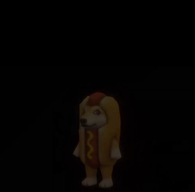 A dark image featuring a Doge (Shiba Inu) character wearing a hot dog costume against a black background, appearing to be a stylized illustration or animated character.