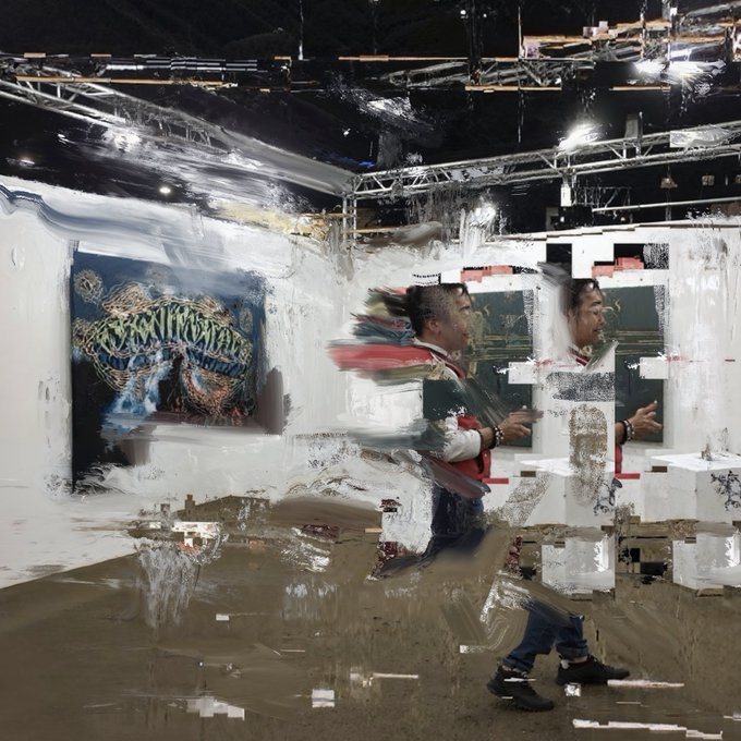 A glitchy, distorted photograph of a man walking through what appears to be an art gallery or exhibition space, with severe digital artifacts creating a mirrored, pixelated effect.