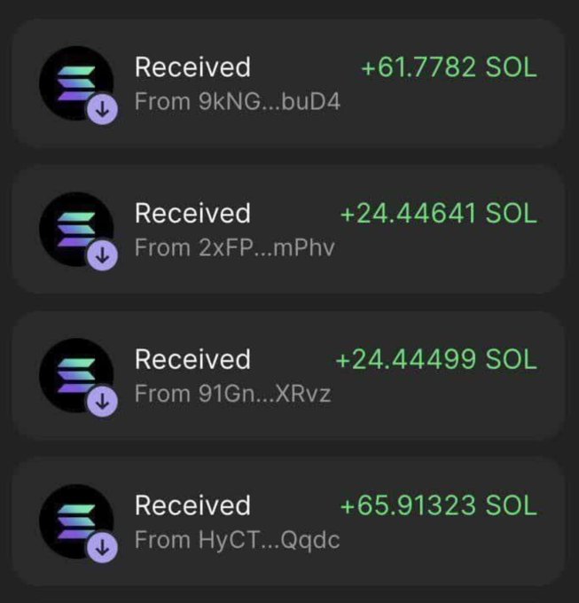 A dark-themed mobile wallet screen showing four Solana (SOL) token receipt notifications: +61.7782, +24.44641, +24.44499, and +65.91323 SOL from various sender addresses.