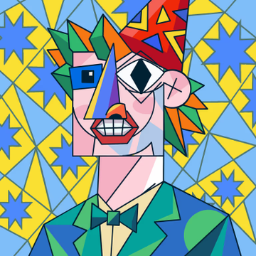 A colorful cubist-style portrait of a person with spiky multicolored hair and diamond-shaped eyes against a geometric blue and yellow background.
