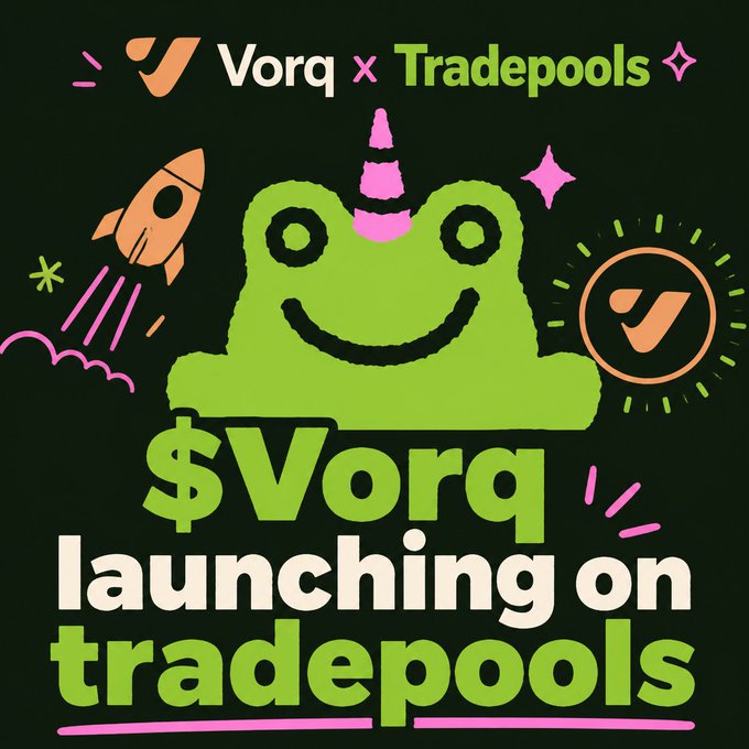 A promotional graphic on a dark background featuring a green cartoon frog with a pink unicorn horn, alongside text reading 'Vorq x Tradepools', '$VORQ launching on tradepools', a rocket illustration, and a checkmark logo.