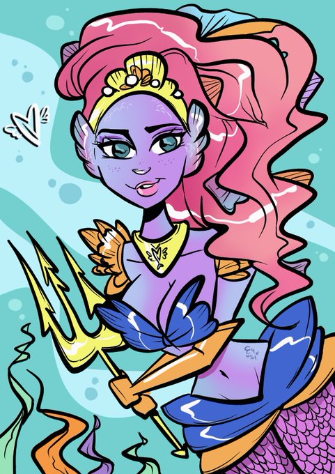 An illustrated mermaid character with purple skin, pink hair, a golden crown, and a blue shell top, holding a golden trident against an underwater background.