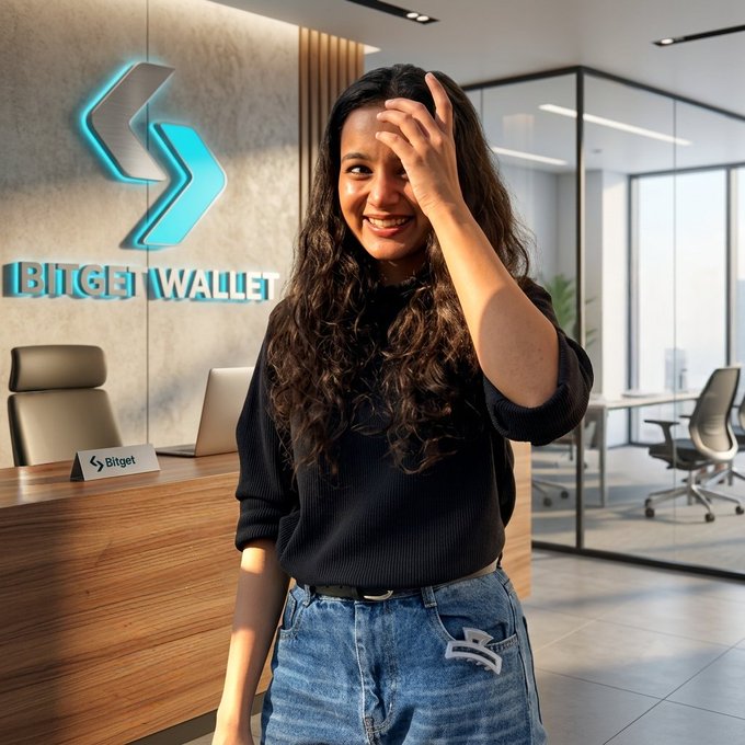 A smiling young woman with long curly hair, wearing a black sweater and jeans, stands in a modern office reception area in front of an illuminated "BITGET WALLET" logo, touching her forehead in a lighthearted pose. The image visually represents her announcement of joining Bitget Wallet as Lead Security Analyst, with the branded backdrop reinforcing her new role at the company.