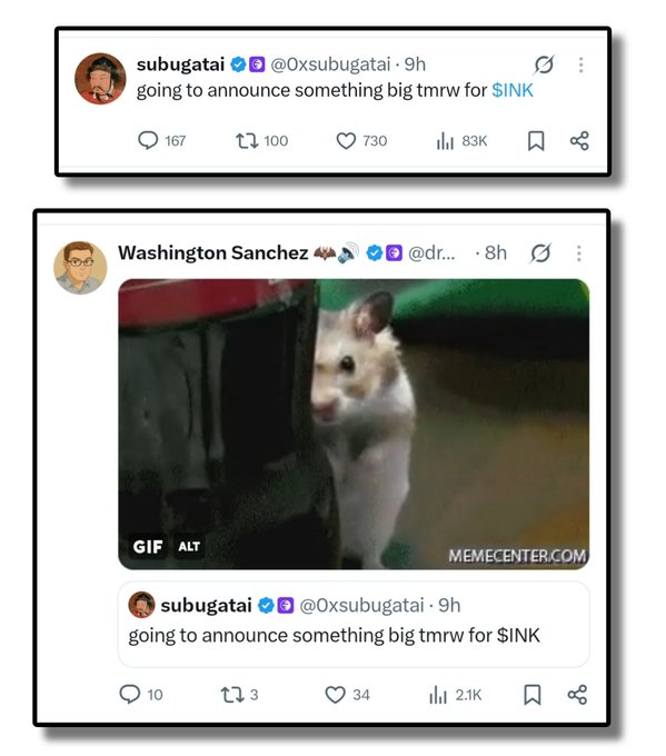 A Twitter post from @0xsubugatai teases "going to announce something big tmrw for $INK," followed by a reply from Washington Sanchez (@dr...) featuring a curious hamster GIF, suggesting skepticism about the upcoming $INK announcement. The image supports speculation about a potential $INK airdrop checker tied to @inkonchain's mainnet milestone, though nothing has been officially confirmed.