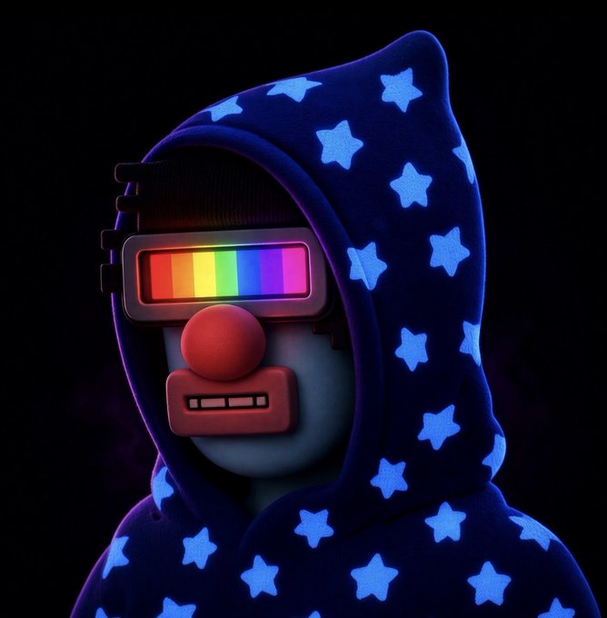 A 3D-rendered character wears a star-patterned blue hooded robe and goggles displaying a rainbow spectrum, with a red clown-like nose.