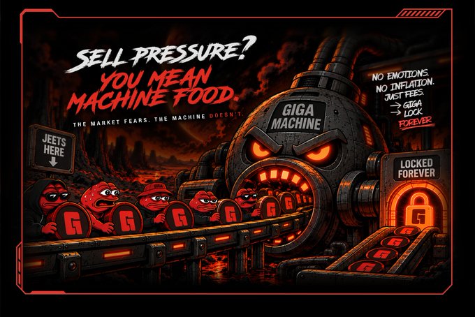 A dark, red-themed crypto/web3 meme graphic asking 'SELL PRESSURE? YOU MEAN MACHINE FOOD.' It depicts red figures carrying tokens marked 'G' into a fiery industrial machine labeled 'GIGA MACHINE', with signs saying 'JEETS HERE' and 'LOCKED FOREVER'.