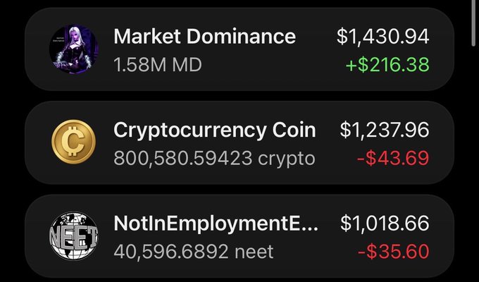 A cryptocurrency portfolio tracking screen displays three assets: Market Dominance (MD) at $1,430.94 (+$216.38), Cryptocurrency Coin (CRYPTO) at $1,237.96 (-$43.69), and NotInEmploymentE... (NEET) at $1,018.66 (-$35.60).