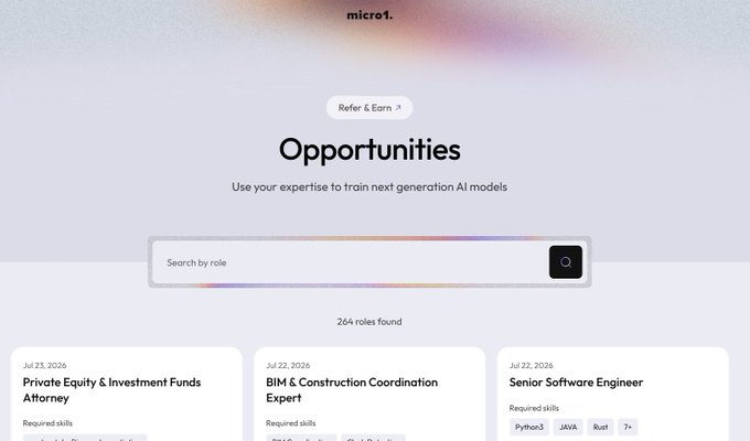 A webpage from micro1 showing 'Opportunities' to train AI models, with job listings including Private Equity Attorney and Senior Software Engineer.