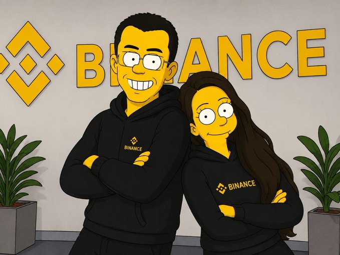 A Simpsons-style cartoon illustration shows two characters wearing black Binance hoodies standing with arms crossed in front of a wall displaying the yellow Binance logo.